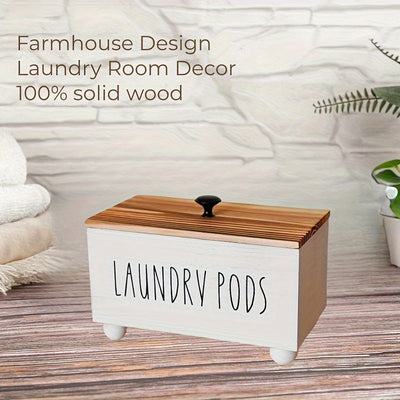 Caja de almacenamiento de madera rústica con tapa - Organizador de ropa de lavandería multiusos para cápsulas de detergente, piezas secas y suavizantes - Estilo de decoración de granja, diseño que ahorra espacio, fácil de limpiar y mantener, accesorios p
