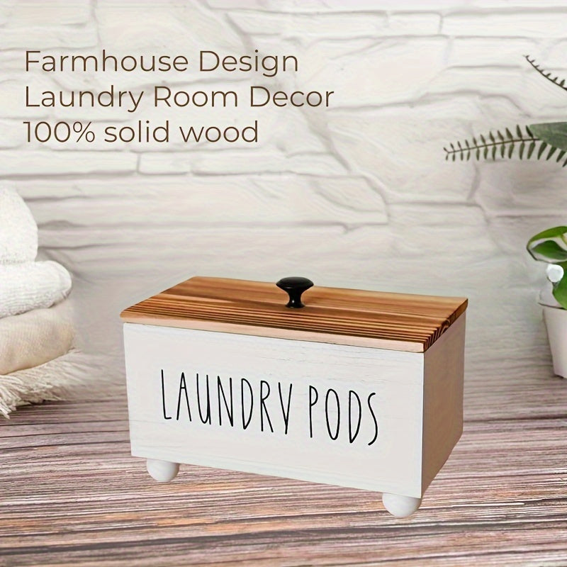 Caja de almacenamiento de madera rústica con tapa - Organizador de ropa de lavandería multiusos para cápsulas de detergente, piezas secas y suavizantes - Estilo de decoración de granja, diseño que ahorra espacio, fácil de limpiar y mantener, accesorios p