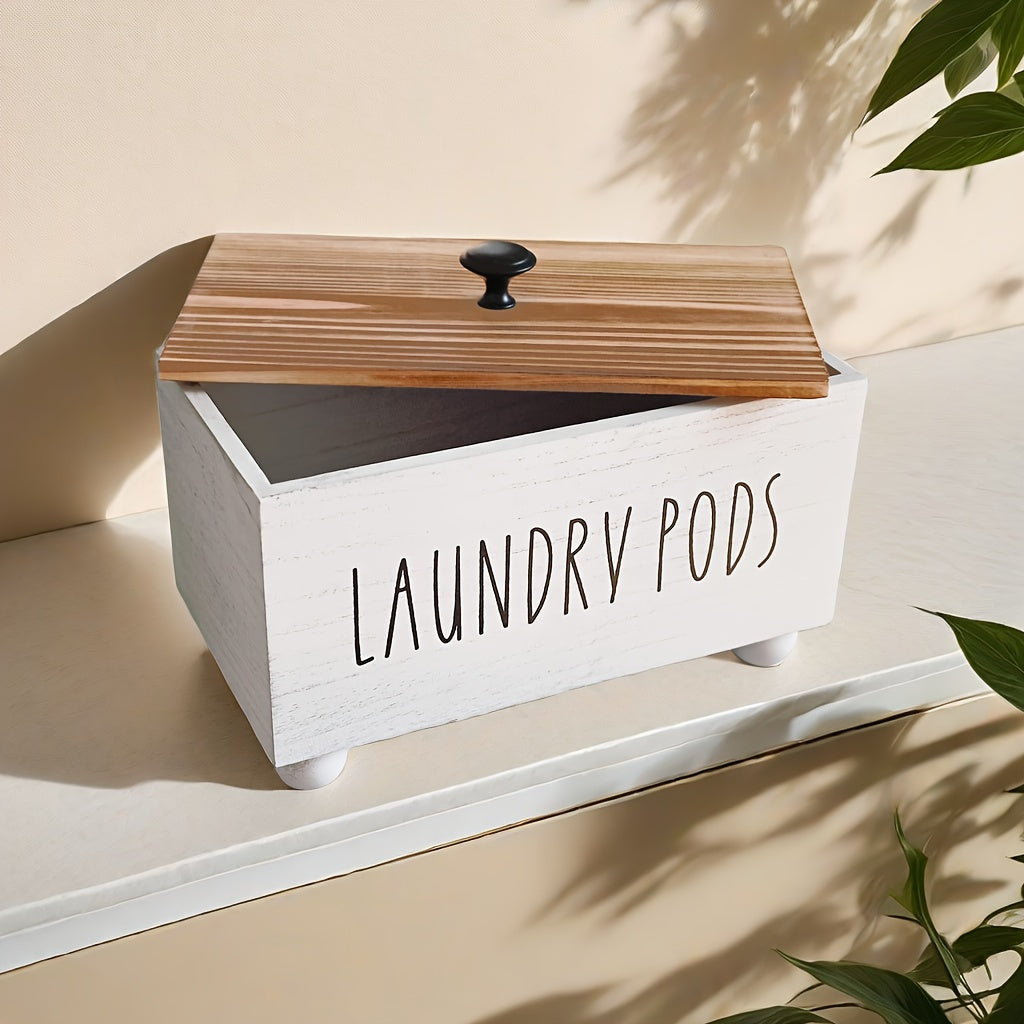 Caja de almacenamiento de madera rústica con tapa - Organizador de ropa de lavandería multiusos para cápsulas de detergente, piezas secas y suavizantes - Estilo de decoración de granja, diseño que ahorra espacio, fácil de limpiar y mantener, accesorios p