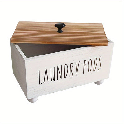 Caja de almacenamiento de madera rústica con tapa - Organizador de ropa de lavandería multiusos para cápsulas de detergente, piezas secas y suavizantes - Estilo de decoración de granja, diseño que ahorra espacio, fácil de limpiar y mantener, accesorios p