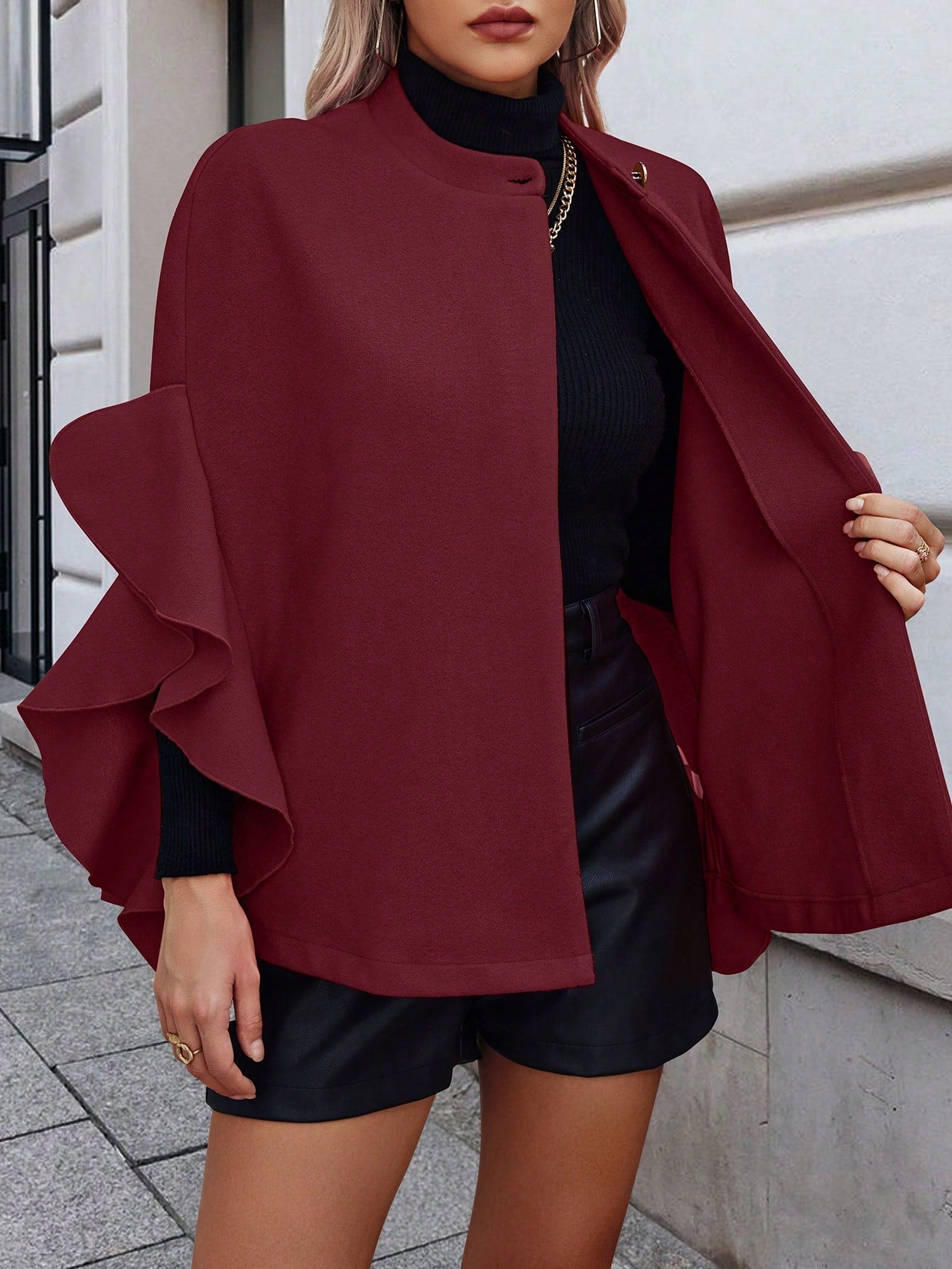 Clasi abrigo largo de lana de mujer de manga larga, de un solo pecho, con cuello alto y manga tipo capa, de unicolor, elegante, para otono/invierno