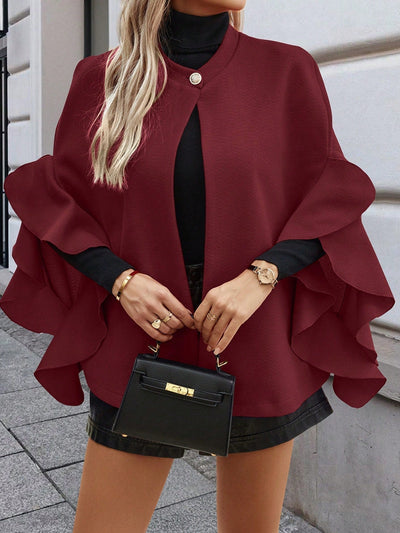 Clasi abrigo largo de lana de mujer de manga larga, de un solo pecho, con cuello alto y manga tipo capa, de unicolor, elegante, para otono/invierno