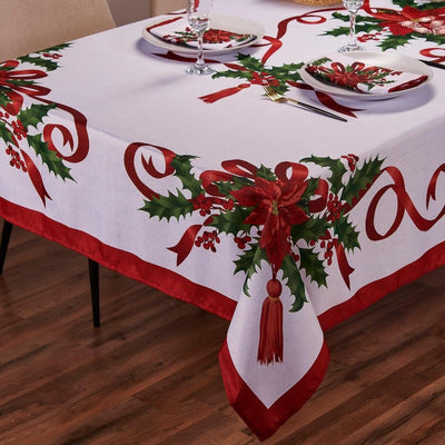 1pc Jit Cinta navideña de Navidad Mantel floral, Tejido de poliéster, Rectangular, Hecho a máquina, Forro de poliéster, Accesorio de decoración para cenas navideñas para el hogar, la cocina y el comedor