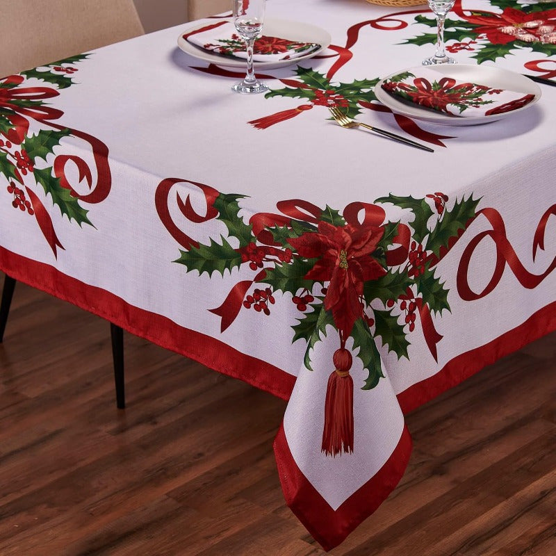 1pc Jit Cinta navideña de Navidad Mantel floral, Tejido de poliéster, Rectangular, Hecho a máquina, Forro de poliéster, Accesorio de decoración para cenas navideñas para el hogar, la cocina y el comedor
