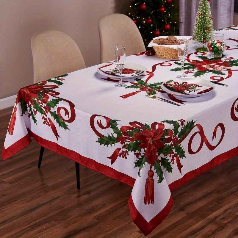 1pc Jit Cinta navideña de Navidad Mantel floral, Tejido de poliéster, Rectangular, Hecho a máquina, Forro de poliéster, Accesorio de decoración para cenas navideñas para el hogar, la cocina y el comedor