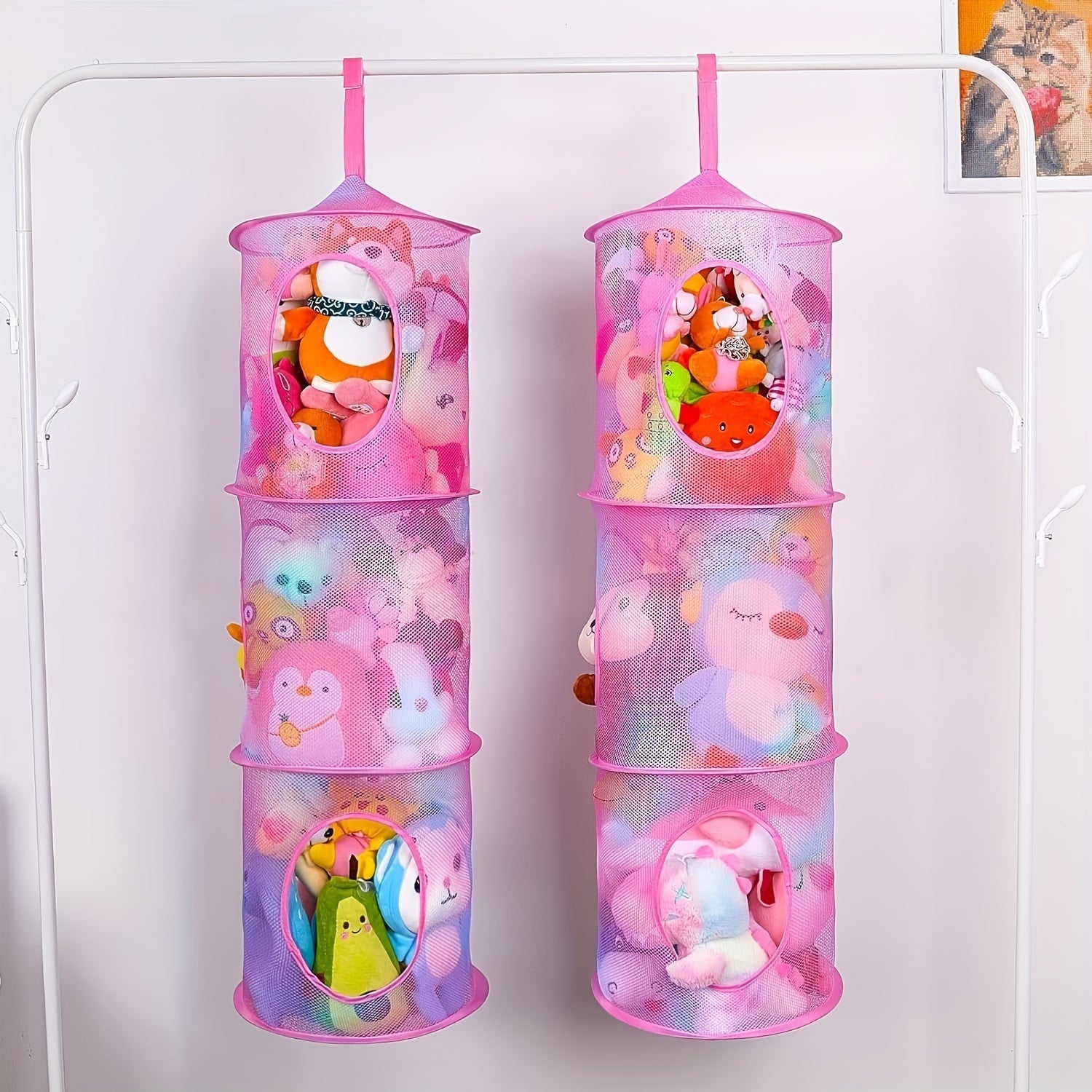 Organizador de malla colgante de 3 niveles con jaulas abiertas apilables - Ideal para animales de peluche, hamaca de juguetes multiusos, hamaca de red de almacenamiento cilíndrica - Poliéster, estilo vintage, cestas de estantes