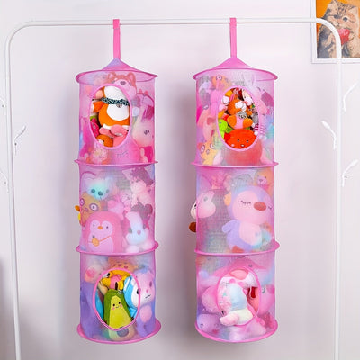 Organizador de malla colgante de 3 niveles con jaulas abiertas apilables - Ideal para animales de peluche, hamaca de juguetes multiusos, hamaca de red de almacenamiento cilíndrica - Poliéster, estilo vintage, cestas de estantes