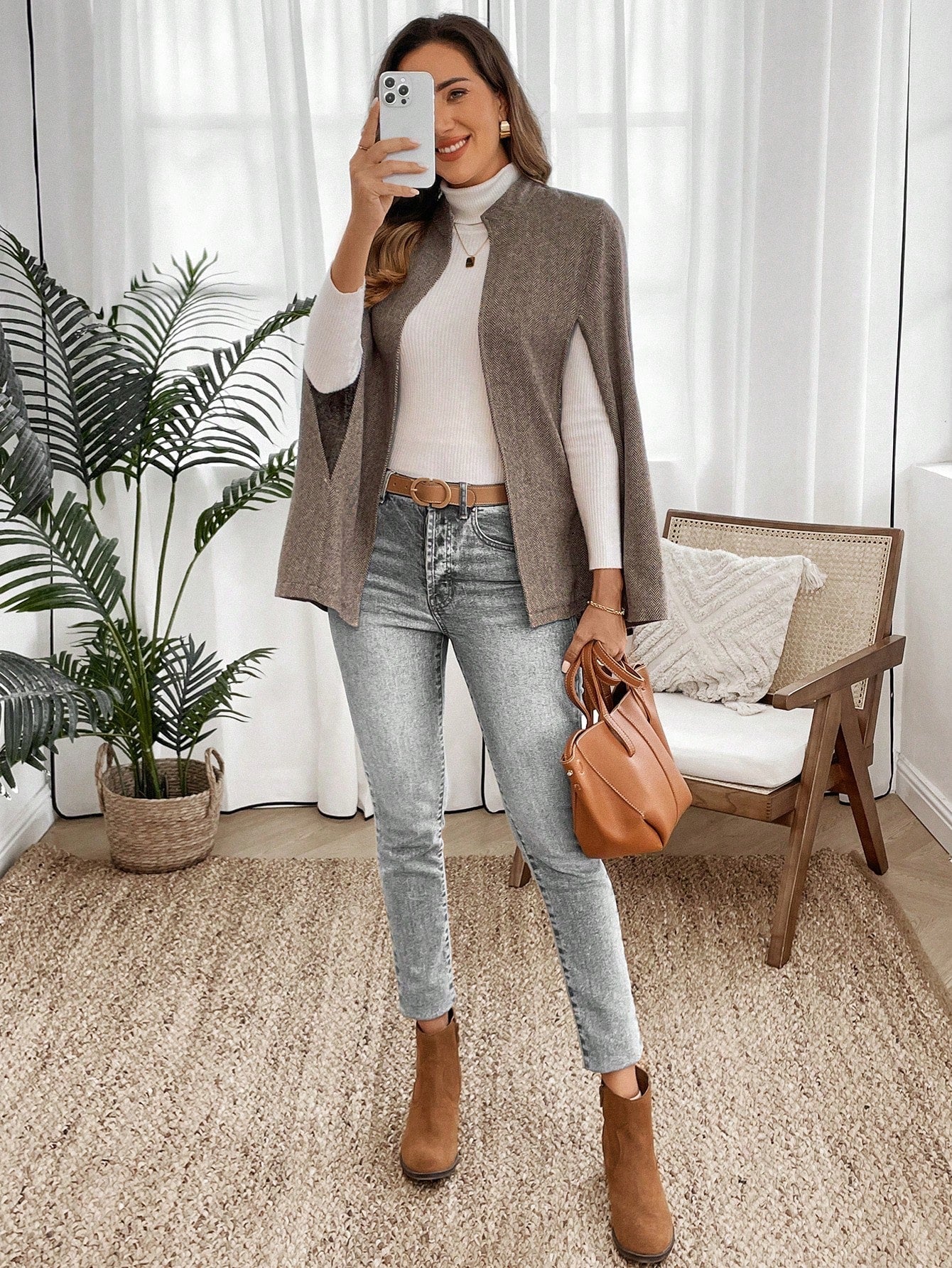 Emery rose abrigo de lana con estilo de capa elegante de unicolor para dama, para otono/invierno