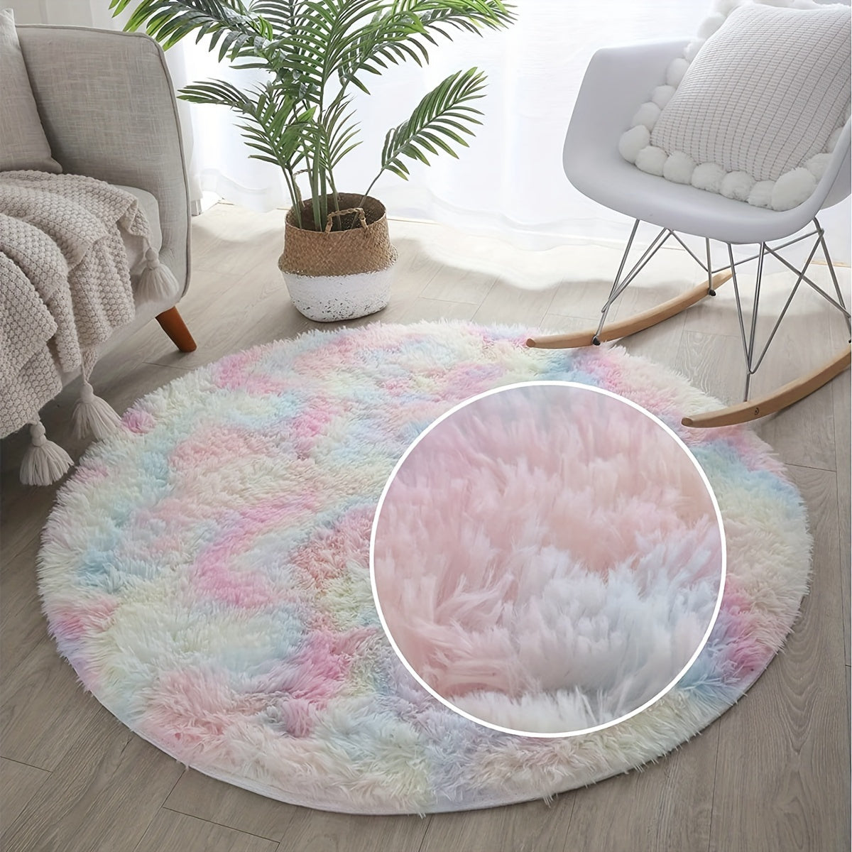 Alfombra mullida de felpa con diseño tie-dye arcoíris, suave y acogedora - 100% poliéster, antideslizante, para sala, dormitorio o residencia estudiantil - Colores pastel: rosa, azul, amarillo y blanco, solo lavado a mano, tapete esponjoso para interiore