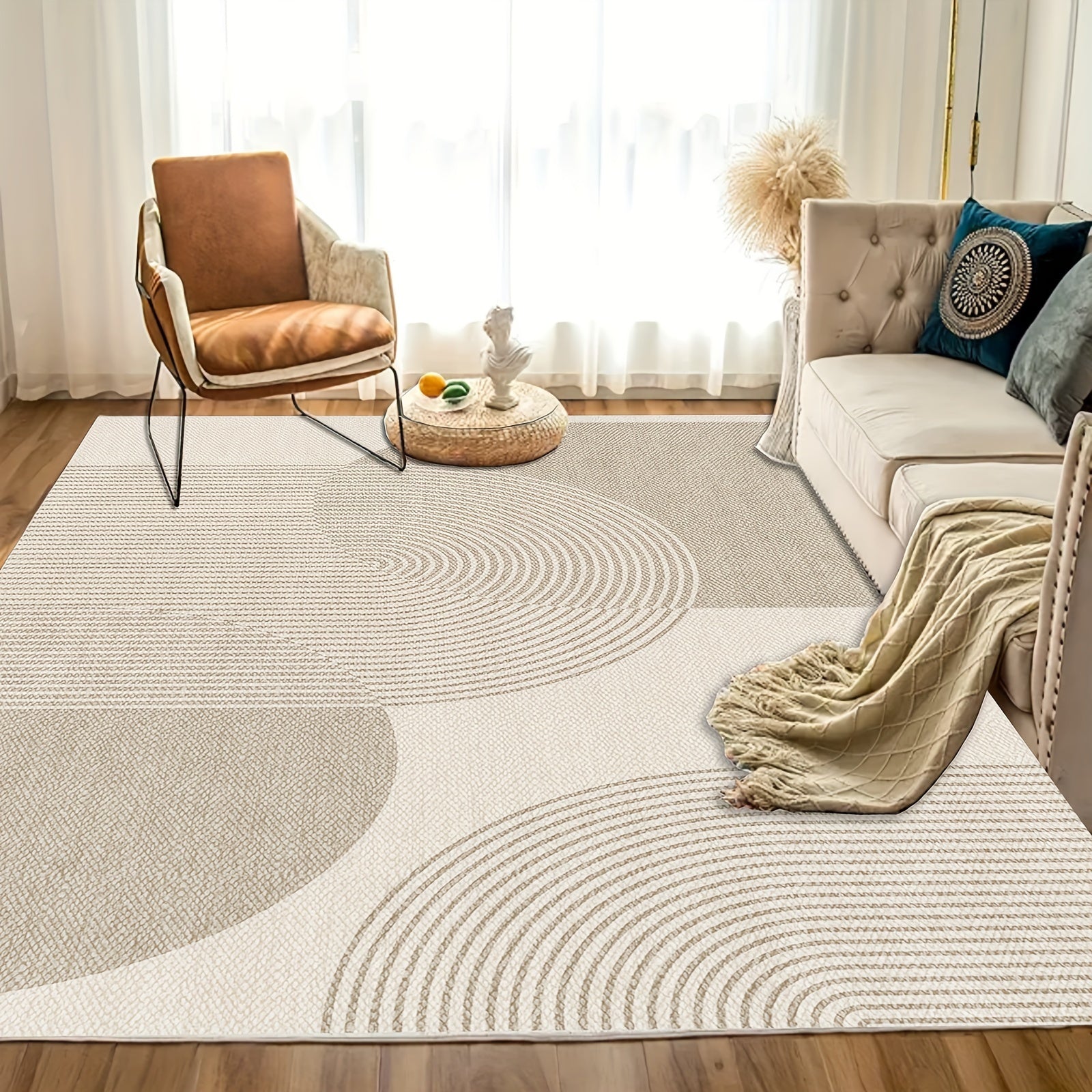 Alfombra geométrica moderna y minimalista - Poliéster, lavable a máquina, rectangular, tamaño grande (≥1.8m lado más largo), para sala, dormitorio, oficina y áreas de descanso - Alfombra para interiores de más de 2.16m²
