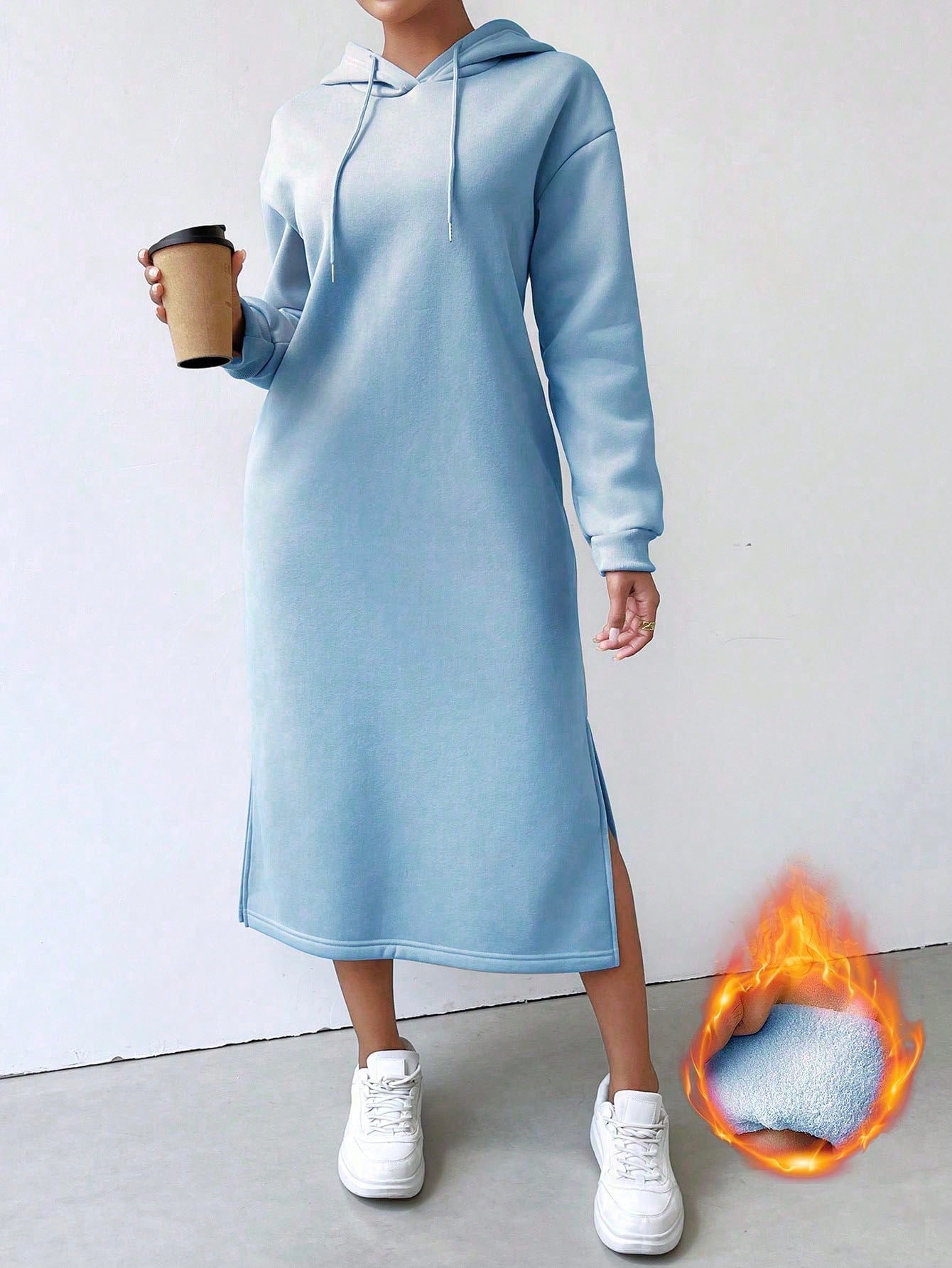 Lune vestido con capucha de manga larga, bolsillo y unicolor minimalista para mujer
