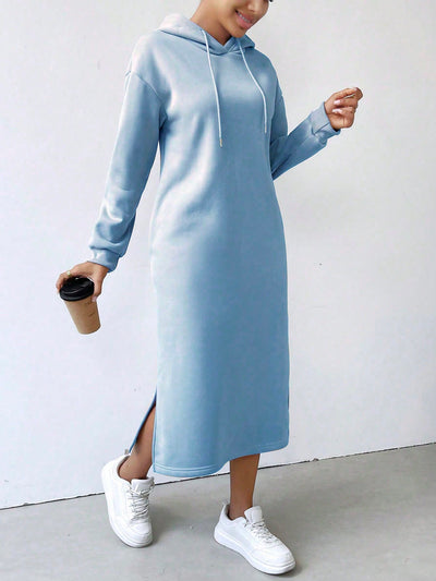 Lune vestido con capucha de manga larga, bolsillo y unicolor minimalista para mujer