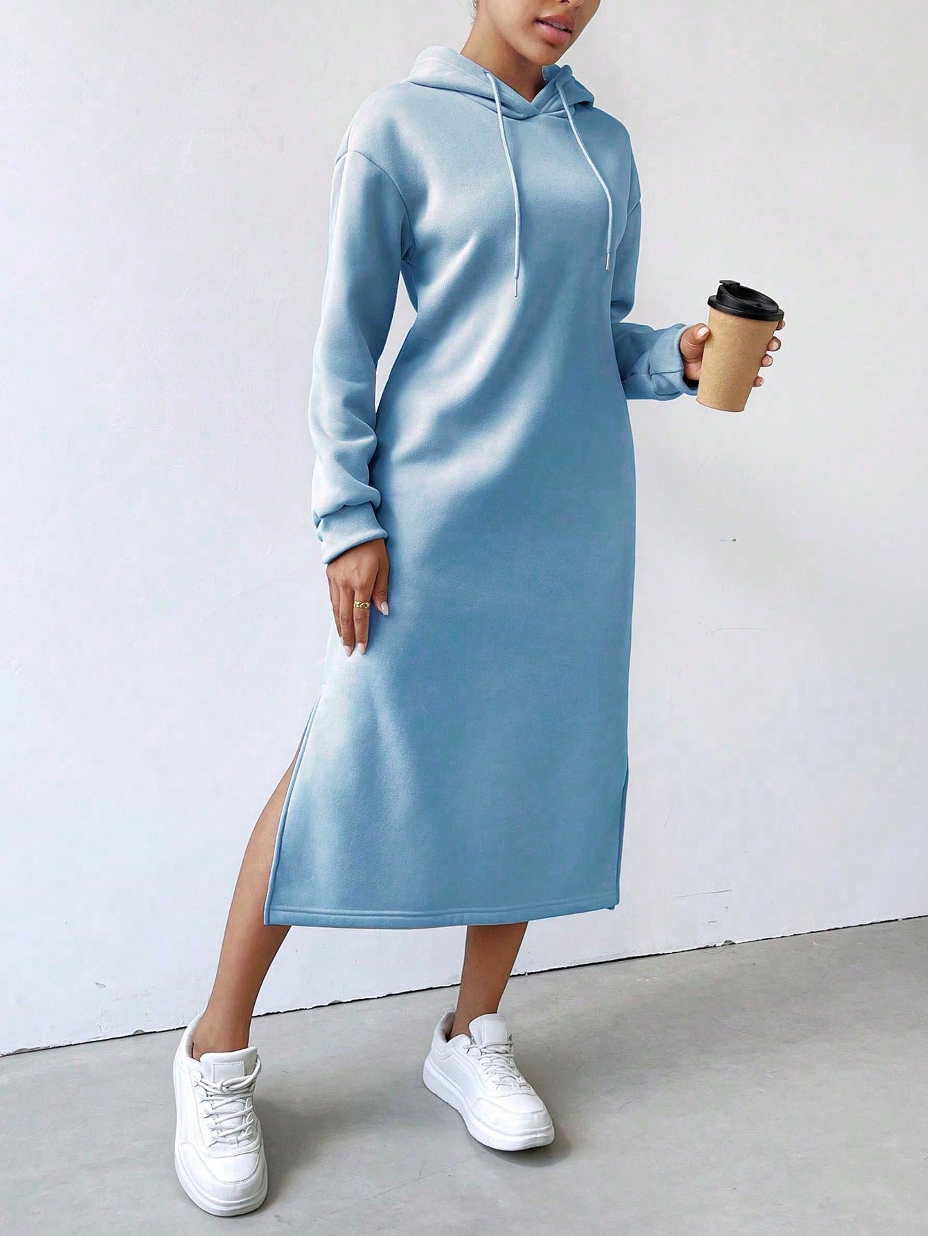 Lune vestido con capucha de manga larga, bolsillo y unicolor minimalista para mujer