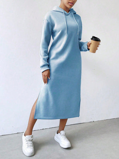 Lune vestido con capucha de manga larga, bolsillo y unicolor minimalista para mujer