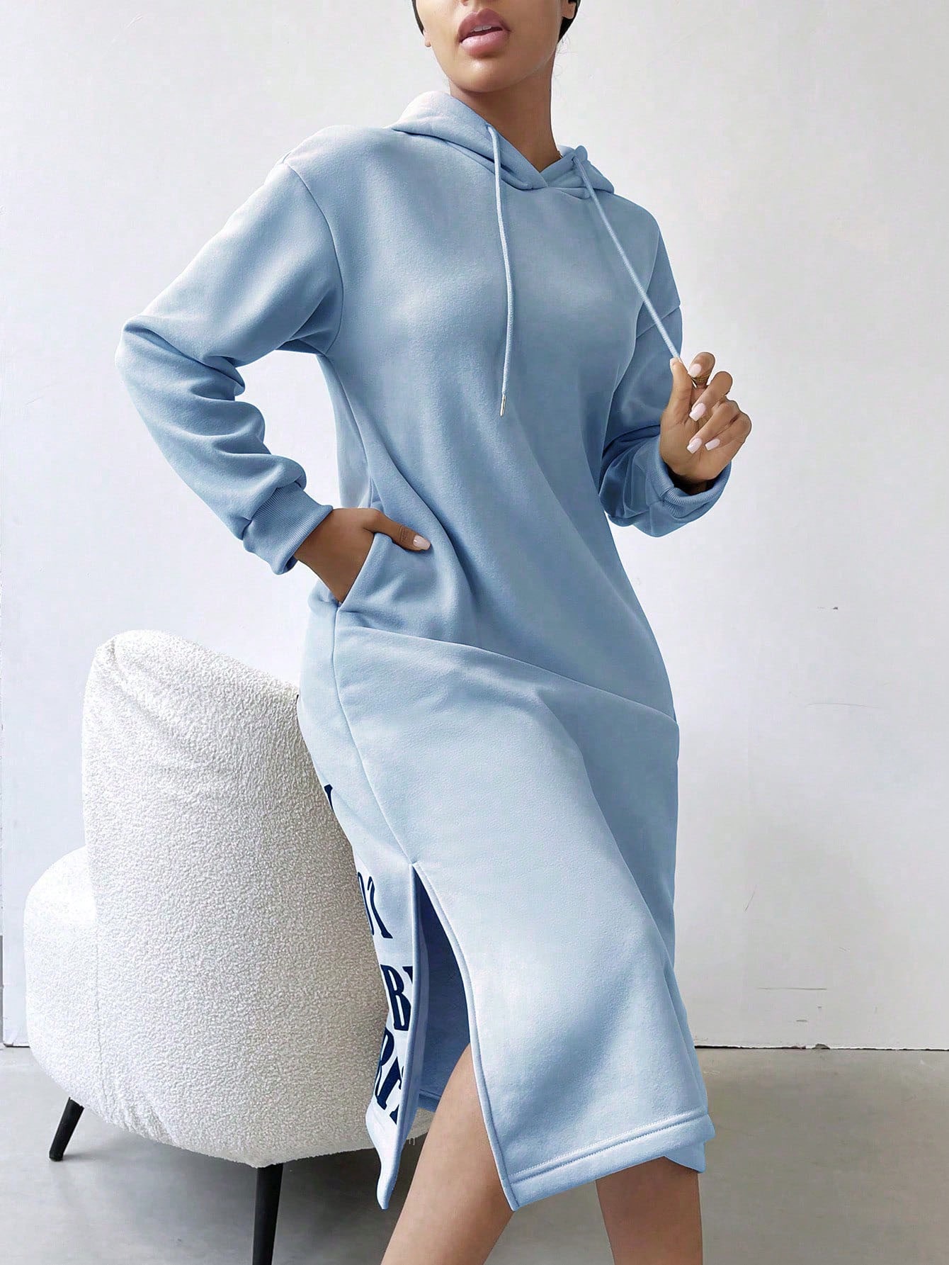 Lune vestido con capucha de manga larga, bolsillo y unicolor minimalista para mujer