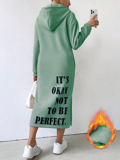 Lune vestido con capucha de manga larga, bolsillo y unicolor minimalista para mujer