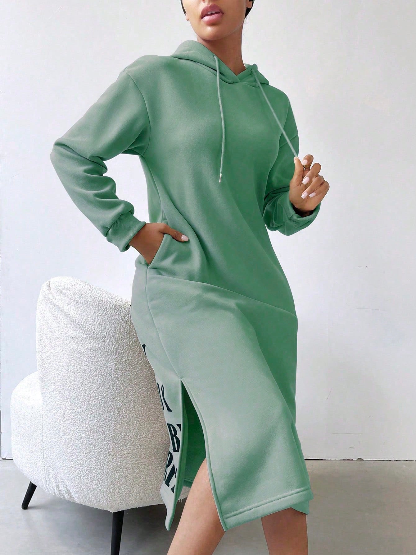 Lune vestido con capucha de manga larga, bolsillo y unicolor minimalista para mujer