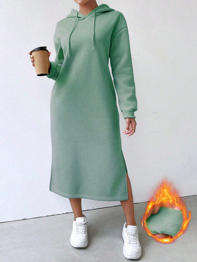 Lune vestido con capucha de manga larga, bolsillo y unicolor minimalista para mujer