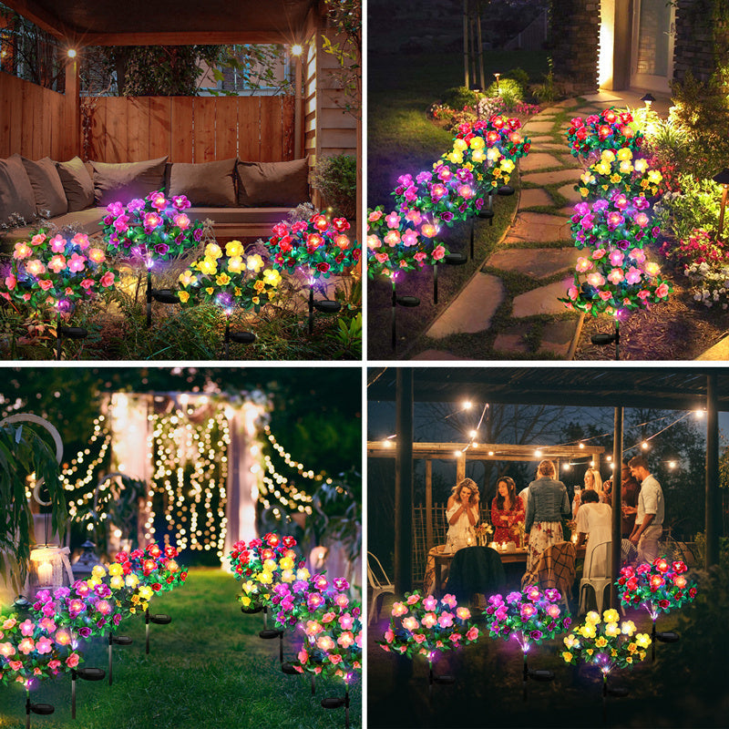 4 juegos de luces solares de rododendro, luces cálidas de colores, con 84 flores, luces de jardín para decoración de patios festivos, luces LED para decoración de césped exterior, flores simuladas, una rosa roja, púrpura, rosa, amarilla cada una