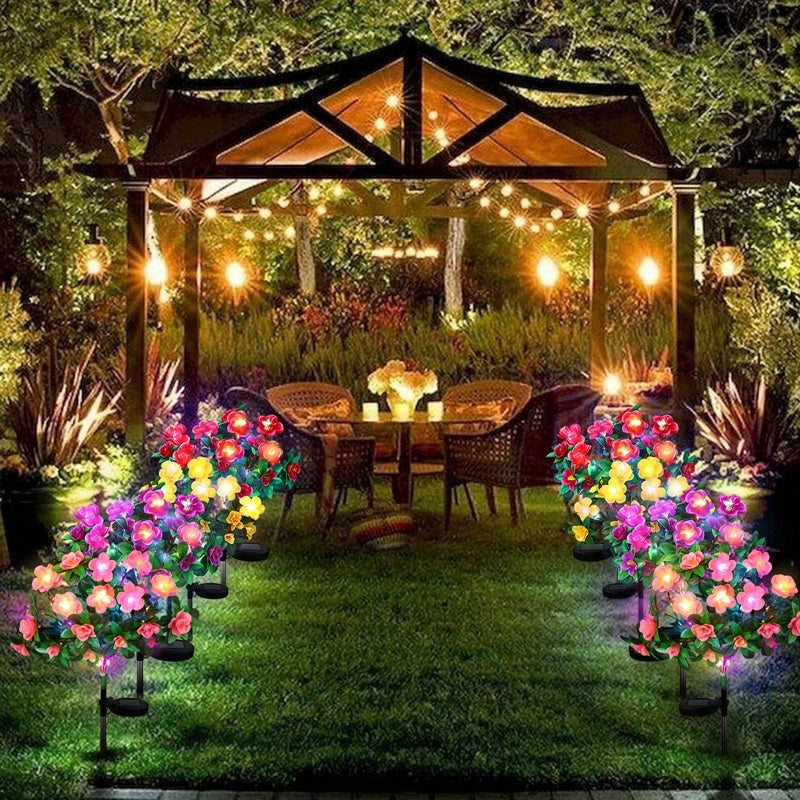 4 juegos de luces solares de rododendro, luces cálidas de colores, con 84 flores, luces de jardín para decoración de patios festivos, luces LED para decoración de césped exterior, flores simuladas, una rosa roja, púrpura, rosa, amarilla cada una