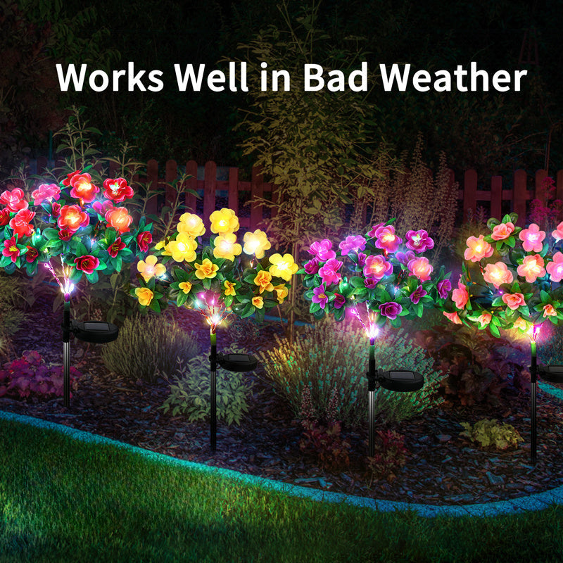 4 juegos de luces solares de rododendro, luces cálidas de colores, con 84 flores, luces de jardín para decoración de patios festivos, luces LED para decoración de césped exterior, flores simuladas, una rosa roja, púrpura, rosa, amarilla cada una
