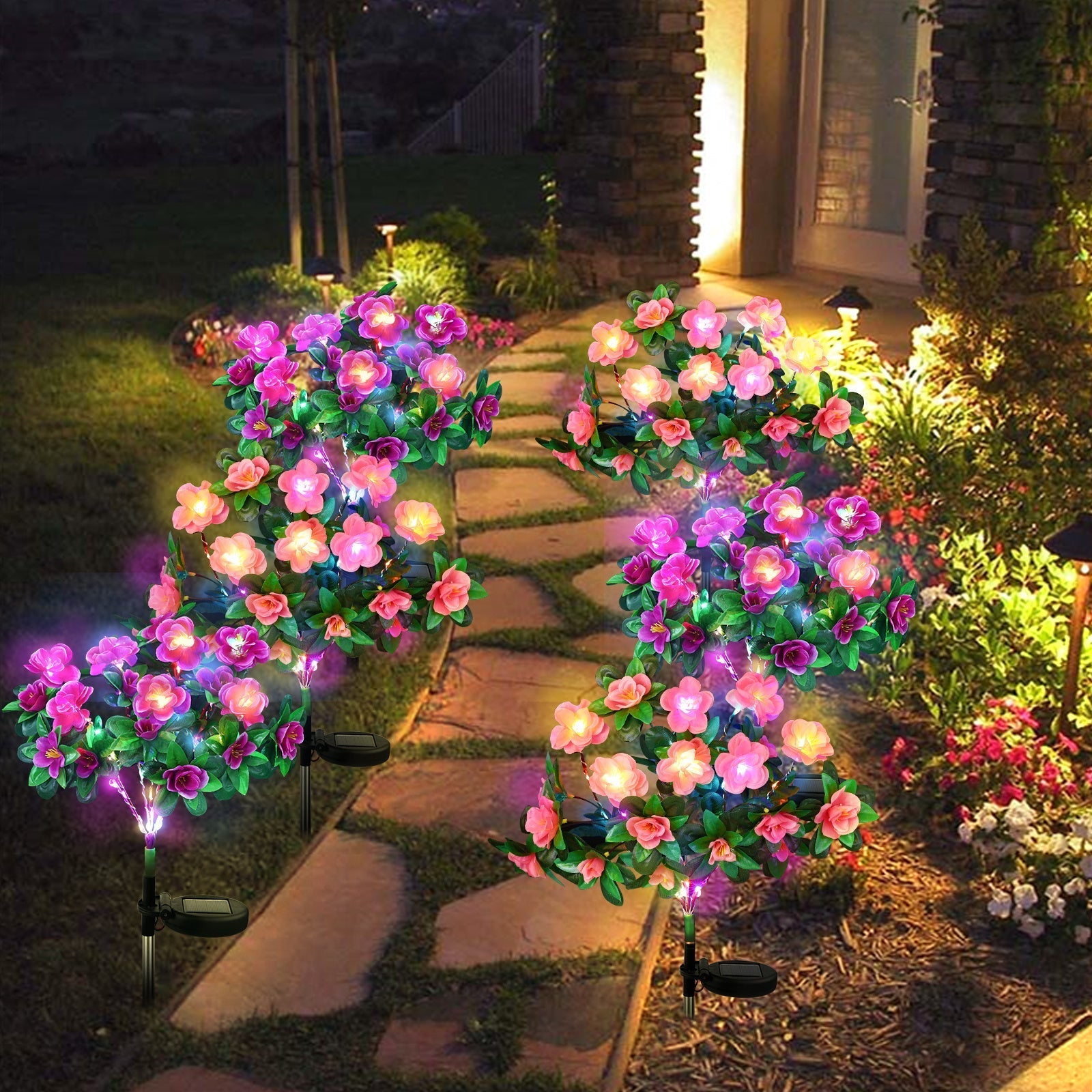 4 juegos de luces solares de rododendro, luces cálidas de colores, con 84 flores, luces de jardín para decoración de patios festivos, luces LED para decoración de césped exterior, flores simuladas, una rosa roja, púrpura, rosa, amarilla cada una