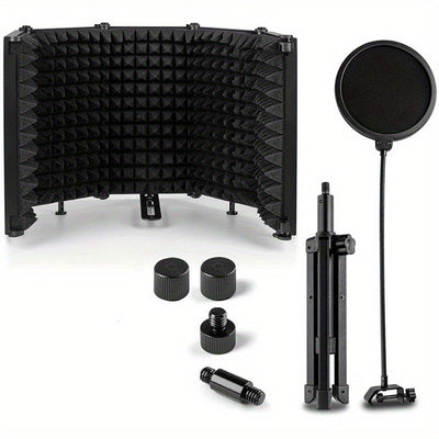 Escudo de Aislamiento de Micrófono de Grado Estudio con Soporte de Trípode - Espuma de Alta Densidad para Grabación Vocal, Barrera de Sonido Plegable, Compatible con la Mayoría de Micrófonos de Condensador