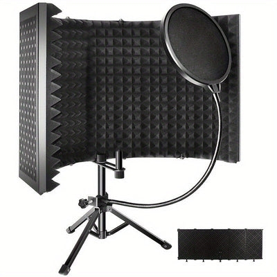 Escudo de Aislamiento de Micrófono de Grado Estudio con Soporte de Trípode - Espuma de Alta Densidad para Grabación Vocal, Barrera de Sonido Plegable, Compatible con la Mayoría de Micrófonos de Condensador