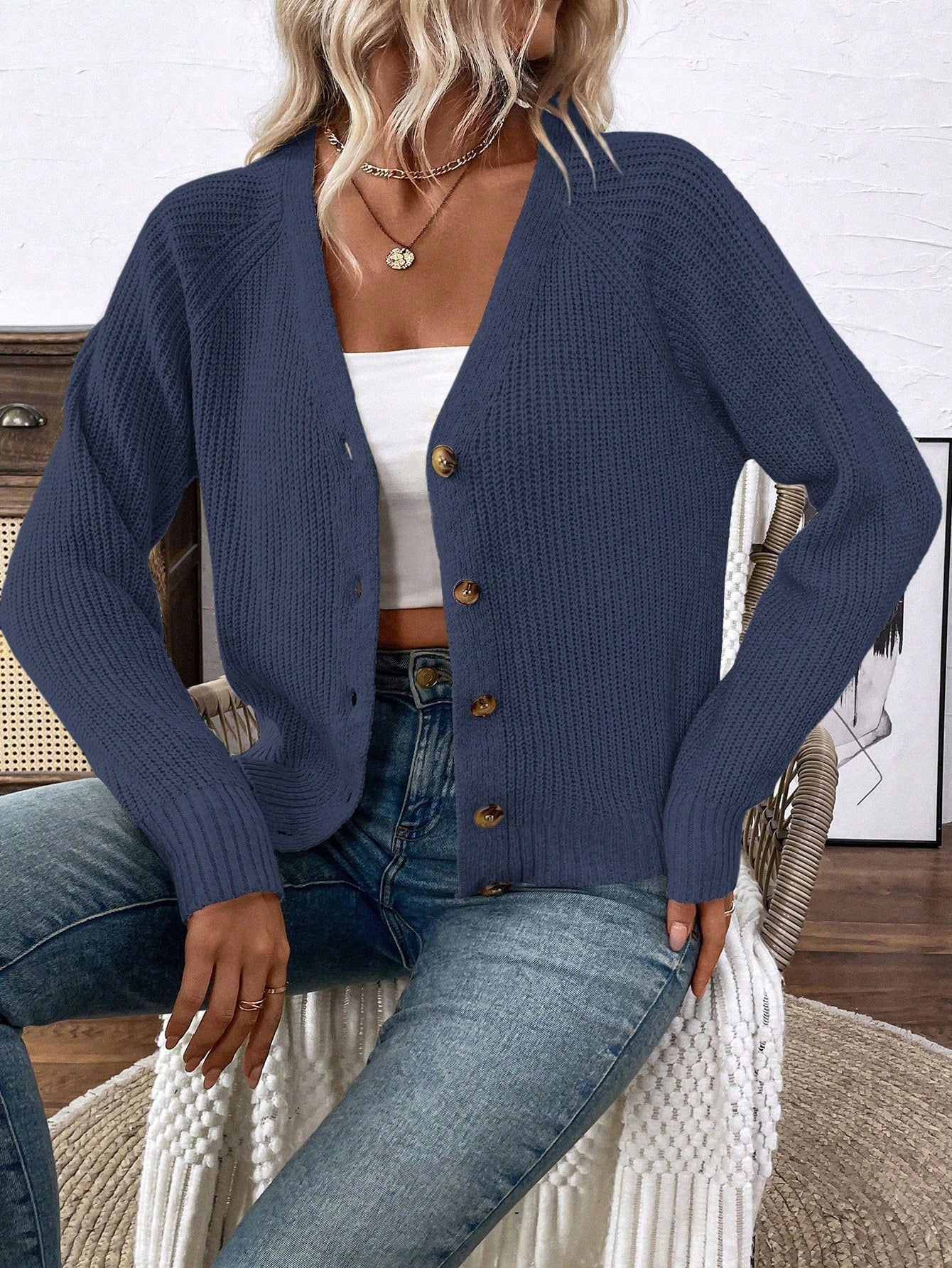 Lune chaqueta de punto de manga larga casual con cuello en v y manga raglan para mujer, con diseno minimalista y ajuste holgado para otono/invierno