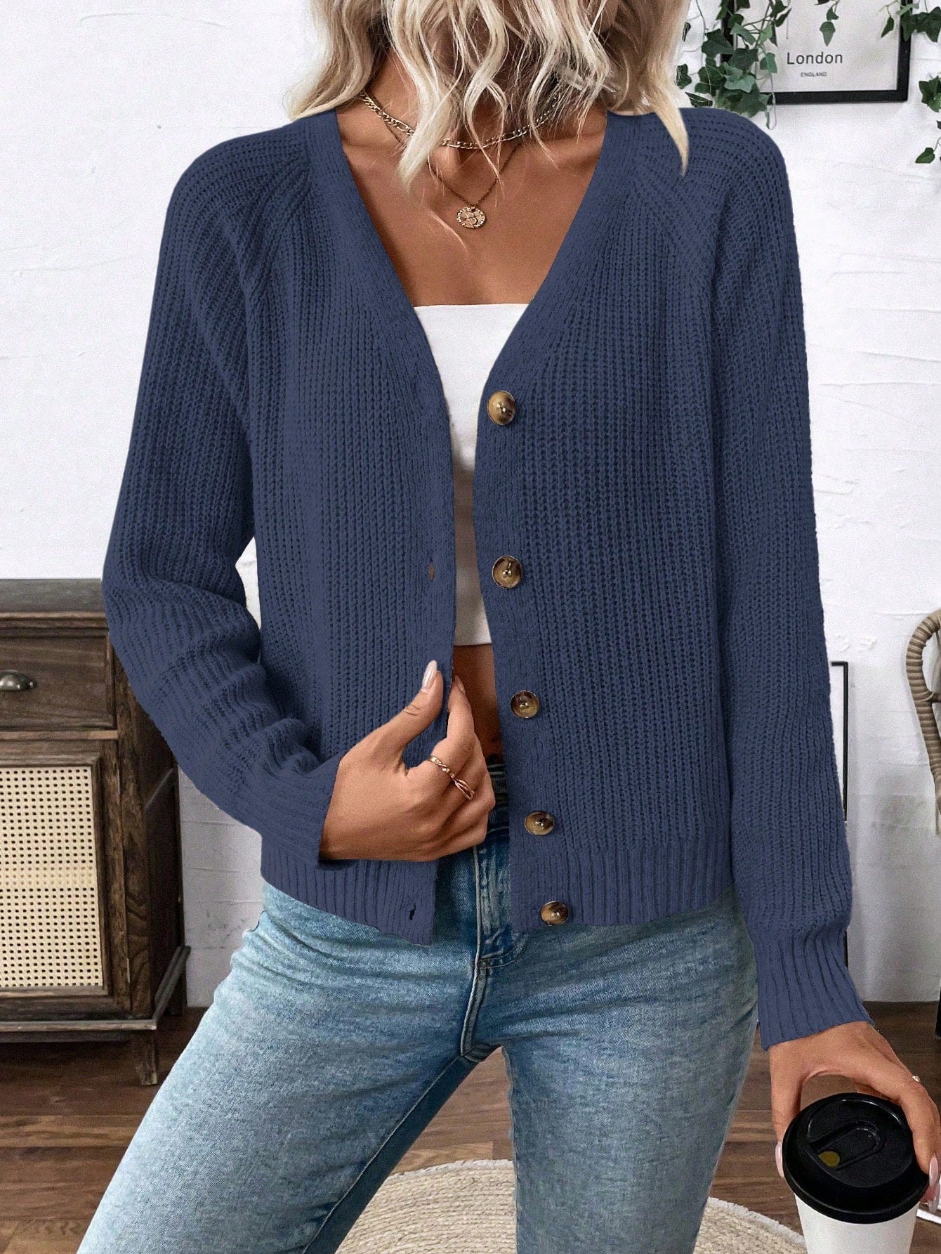Lune chaqueta de punto de manga larga casual con cuello en v y manga raglan para mujer, con diseno minimalista y ajuste holgado para otono/invierno