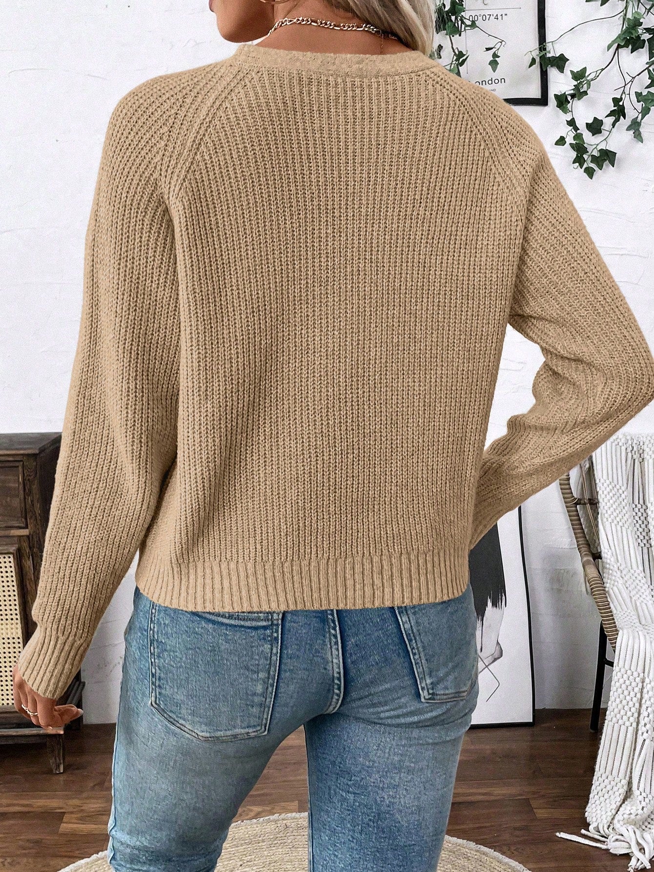 Lune chaqueta de punto de manga larga casual con cuello en v y manga raglan para mujer, con diseno minimalista y ajuste holgado para otono/invierno