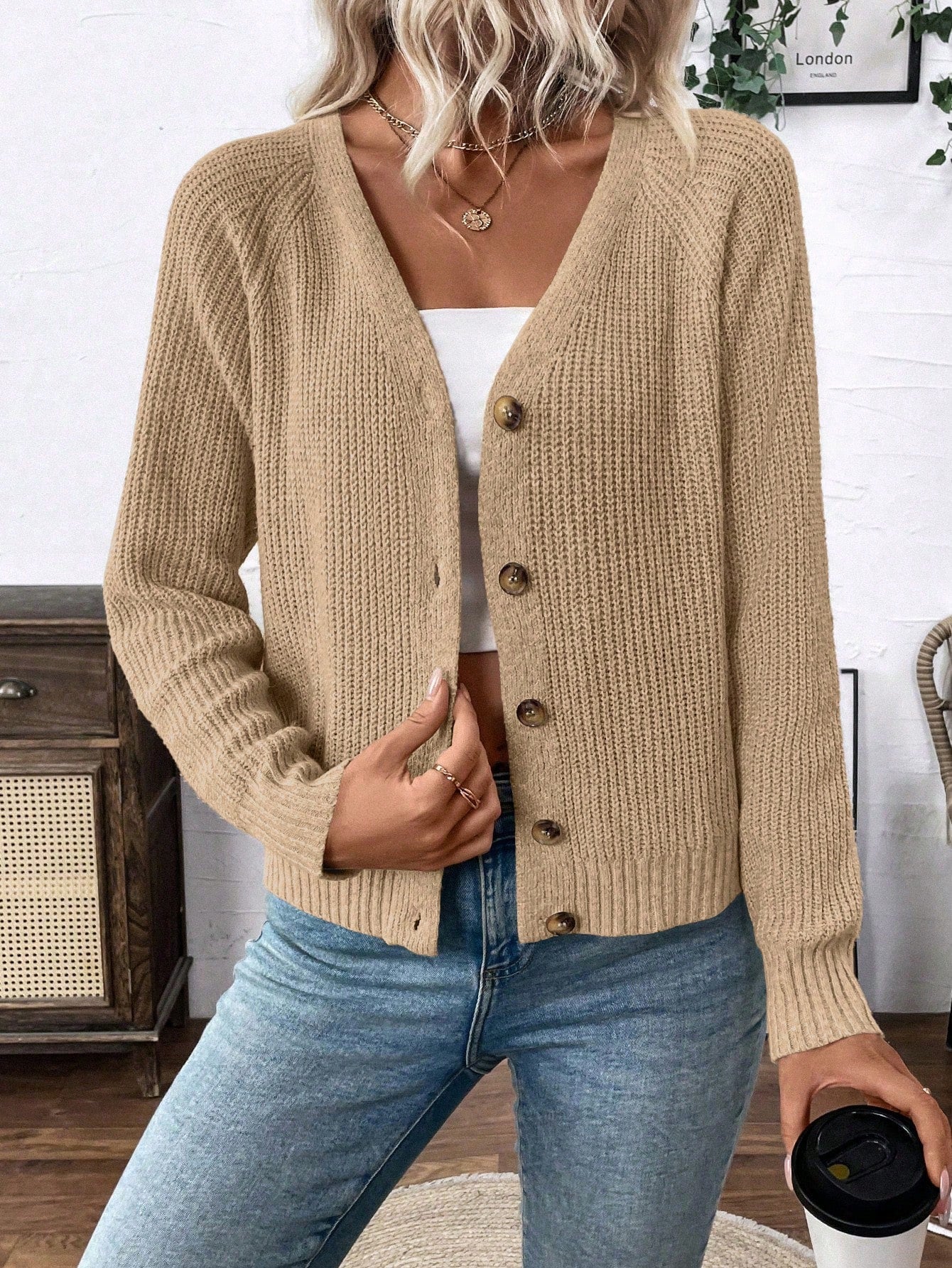 Lune chaqueta de punto de manga larga casual con cuello en v y manga raglan para mujer, con diseno minimalista y ajuste holgado para otono/invierno