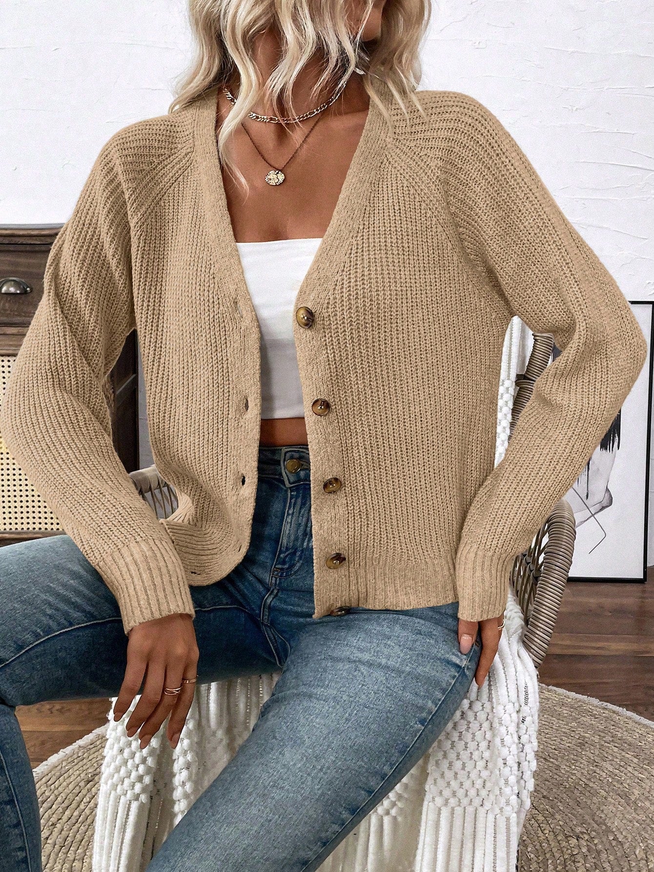 Lune chaqueta de punto de manga larga casual con cuello en v y manga raglan para mujer, con diseno minimalista y ajuste holgado para otono/invierno