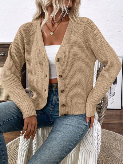 Lune chaqueta de punto de manga larga casual con cuello en v y manga raglan para mujer, con diseno minimalista y ajuste holgado para otono/invierno