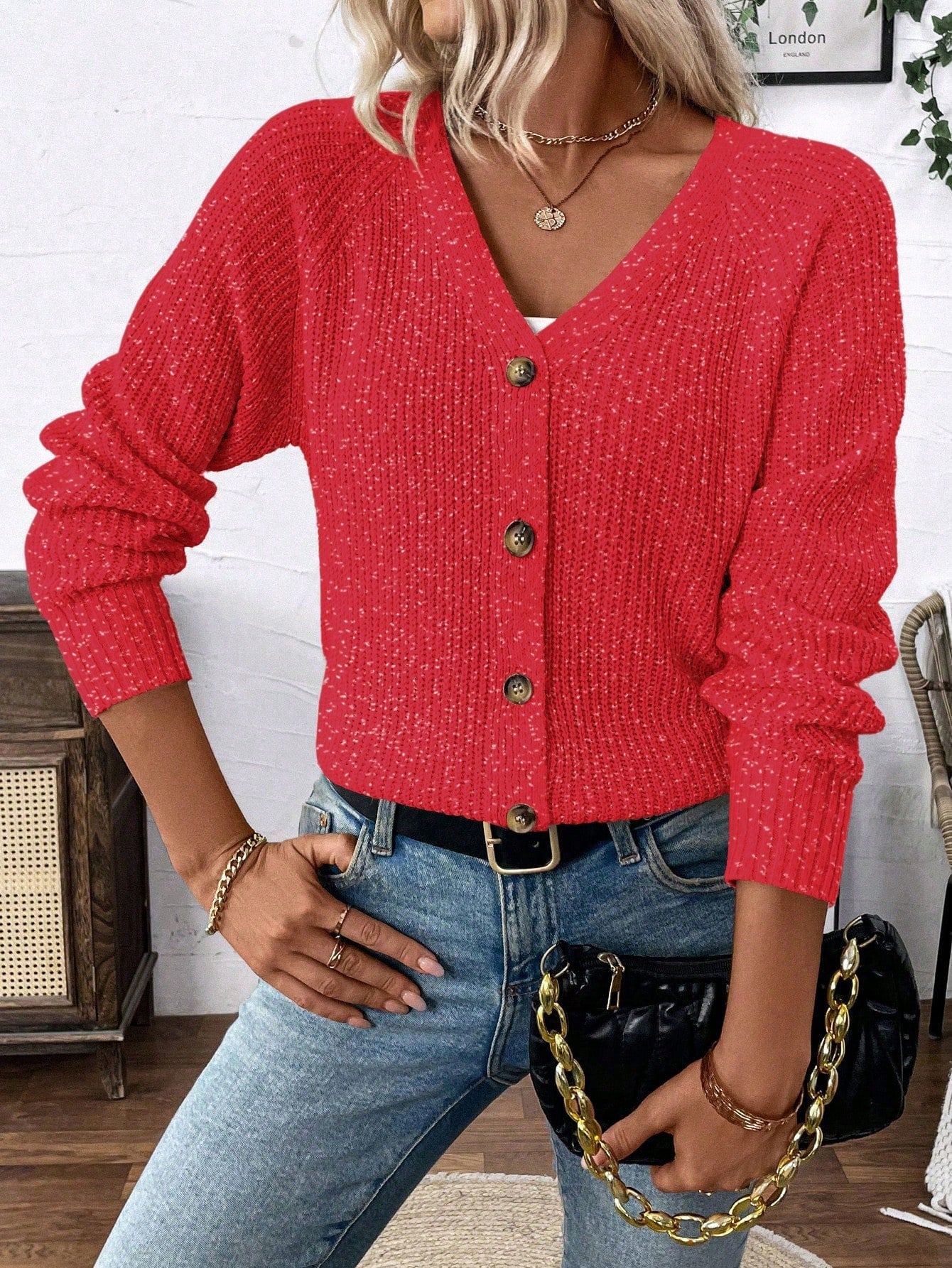 Lune chaqueta de punto de manga larga casual con cuello en v y manga raglan para mujer, con diseno minimalista y ajuste holgado para otono/invierno
