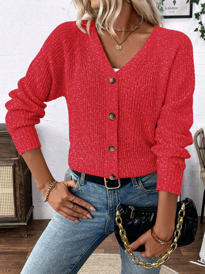 Lune chaqueta de punto de manga larga casual con cuello en v y manga raglan para mujer, con diseno minimalista y ajuste holgado para otono/invierno