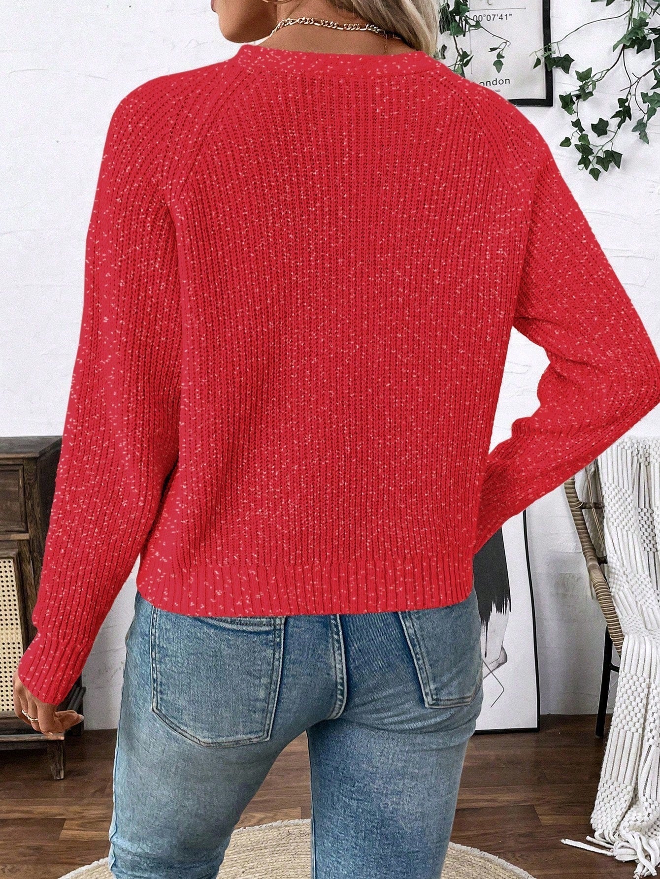 Lune chaqueta de punto de manga larga casual con cuello en v y manga raglan para mujer, con diseno minimalista y ajuste holgado para otono/invierno