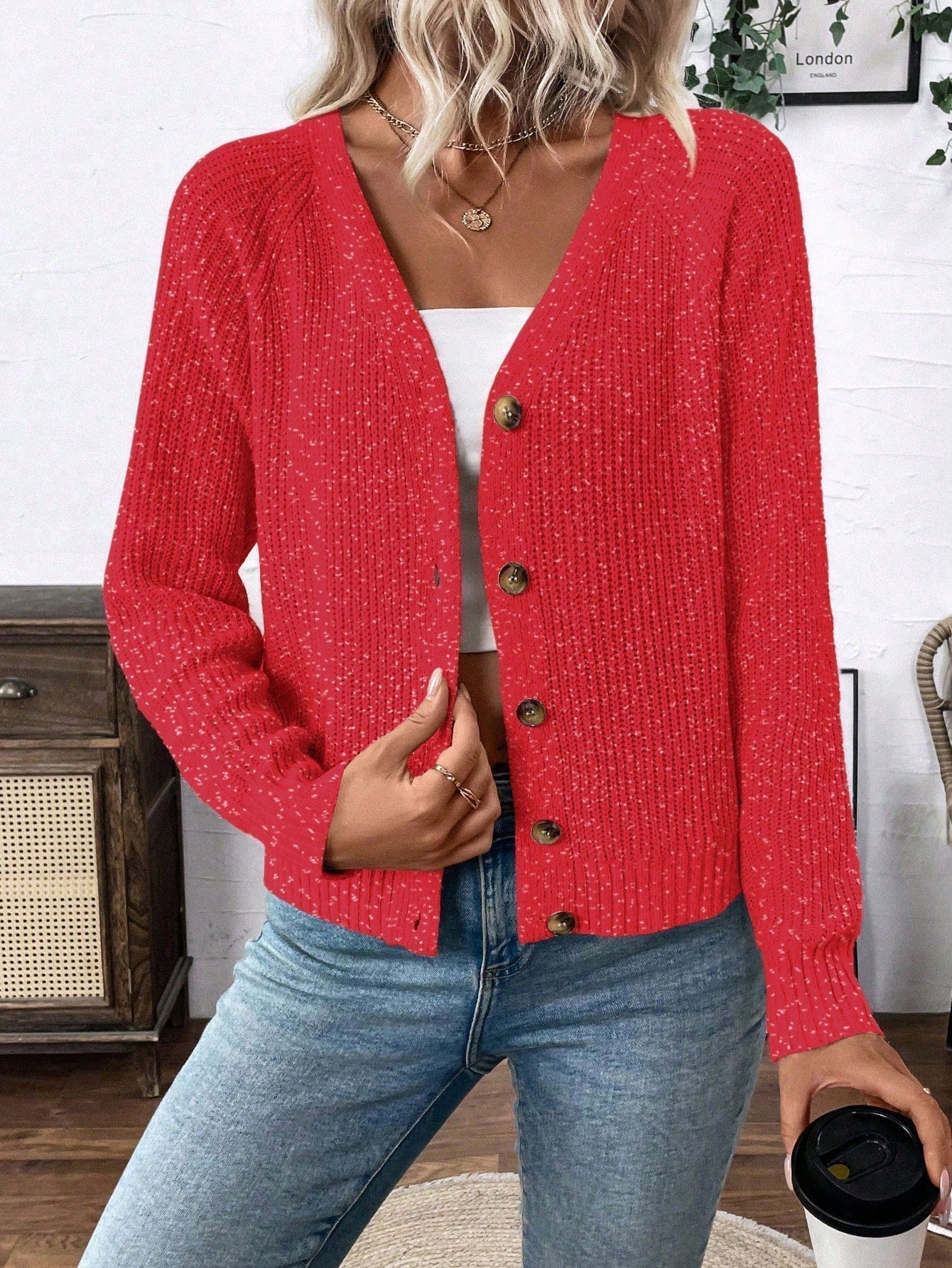 Lune chaqueta de punto de manga larga casual con cuello en v y manga raglan para mujer, con diseno minimalista y ajuste holgado para otono/invierno