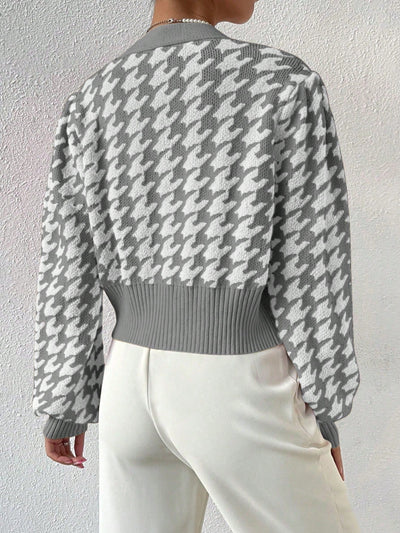 Essnce cardigan casual de mujer con botones y mangas de farol, dobladillo ancho y estampado de pata de gallo