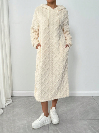 Lune vestido con capucha de manga larga, bolsillo y unicolor minimalista para mujer