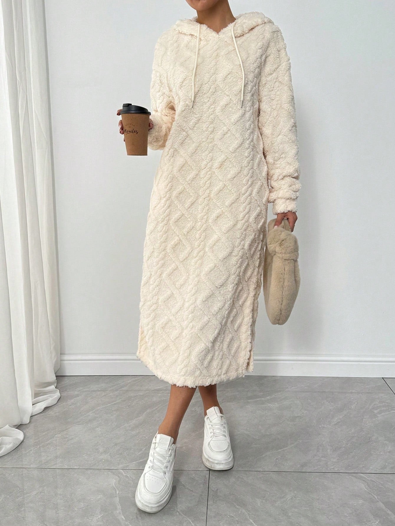 Lune vestido con capucha de manga larga, bolsillo y unicolor minimalista para mujer