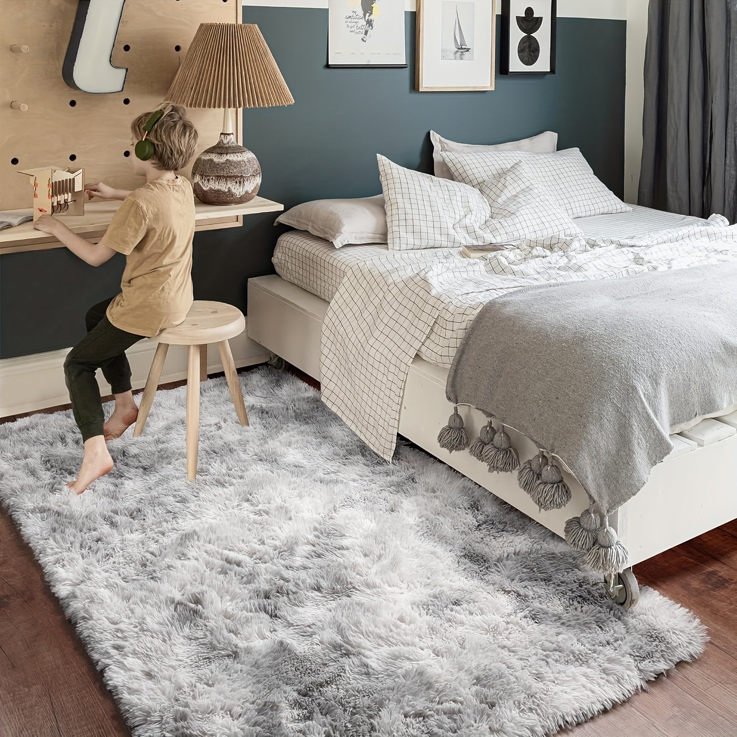 1pc Alfombra de Estilo Nórdico Tie-Dye, Alfombra Suave y Peluda para Sala de Estar o Dormitorio, Lujosa en Gris y Blanco, Solo Limpieza en Seco, Ideal para Decoración del Hogar y Acento de Habitación, Alfombras para Sala de Estar