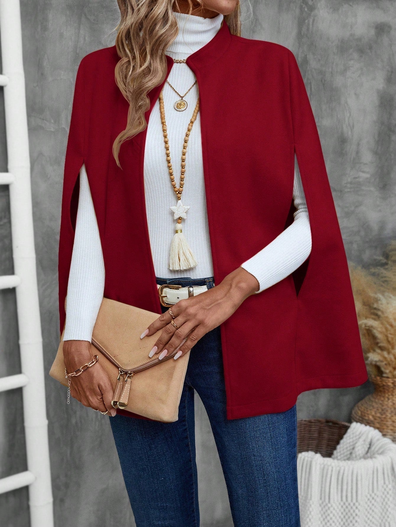 Emery rose abrigo de lana con estilo de capa elegante de unicolor para dama, para otono/invierno