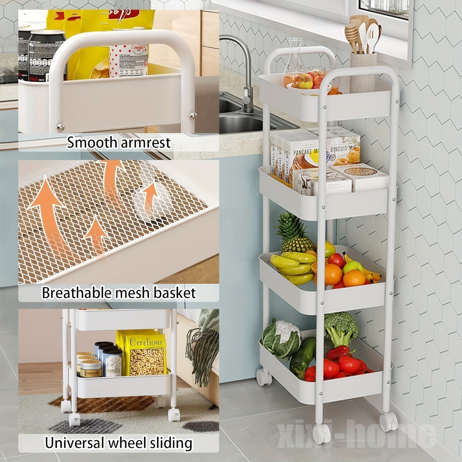 Carrito de almacenamiento metálico rodante de 3 niveles para champán, organizador versátil para cocina, baño, dormitorio – Reposabrazos suave, canastas de malla transpirable, estantes deslizantes, instalación en piso, organizador de dormitorio, canasta c