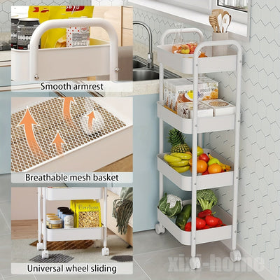 Carrito de almacenamiento metálico rodante de 3 niveles para champán, organizador versátil para cocina, baño, dormitorio – Reposabrazos suave, canastas de malla transpirable, estantes deslizantes, instalación en piso, organizador de dormitorio, canasta c