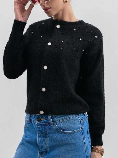 Eurmuse cardigan de mujer de unicolor con detalles de rhinestones y botones delanteros de hilo rizado