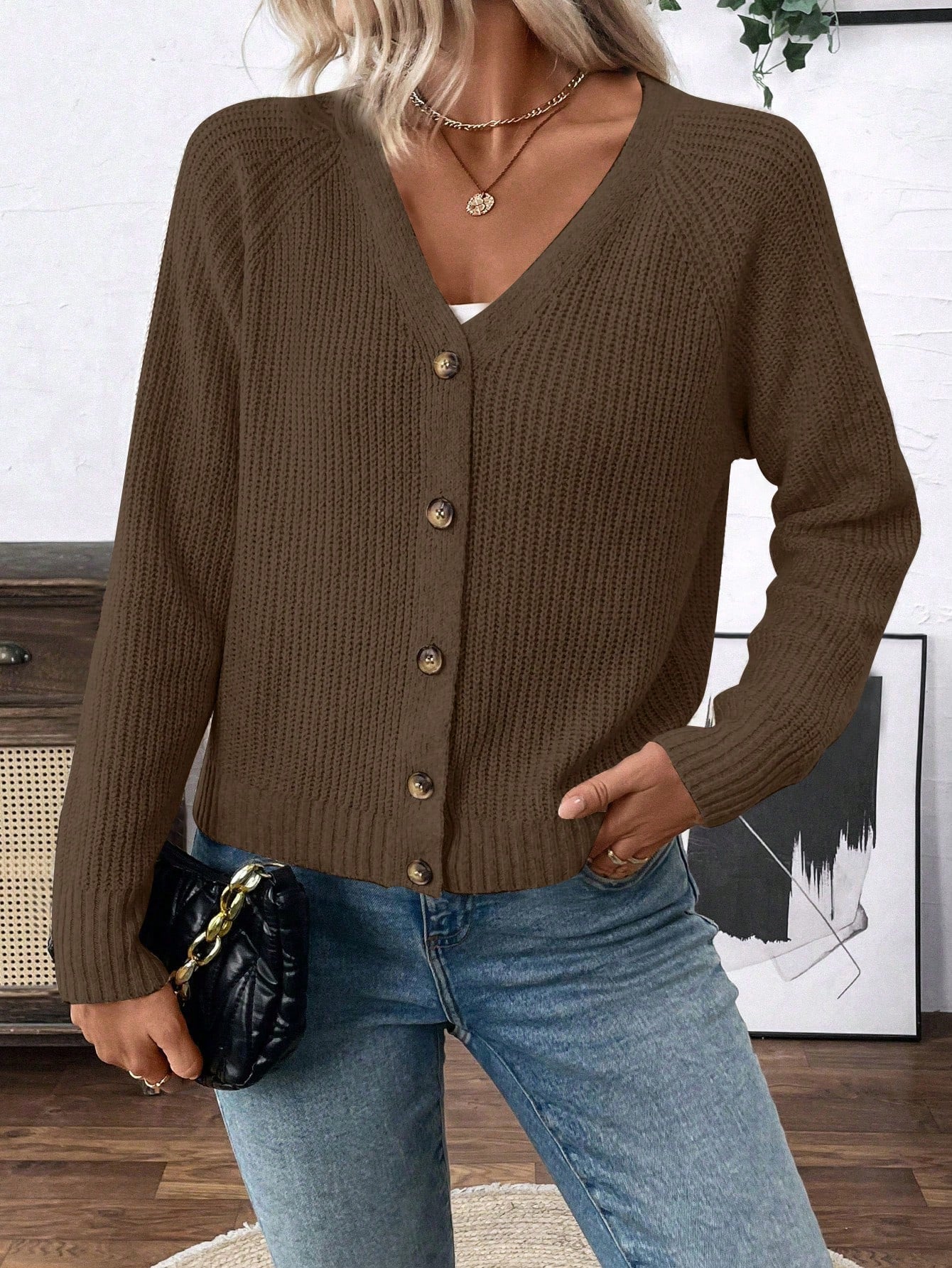 Lune chaqueta de punto de manga larga casual con cuello en v y manga raglan para mujer, con diseno minimalista y ajuste holgado para otono/invierno