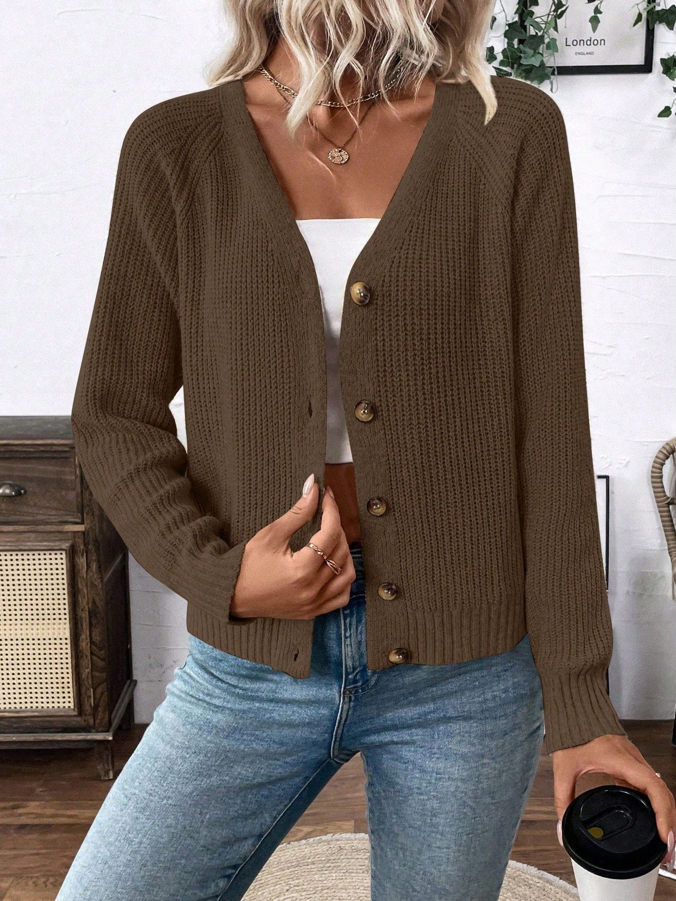 Lune chaqueta de punto de manga larga casual con cuello en v y manga raglan para mujer, con diseno minimalista y ajuste holgado para otono/invierno