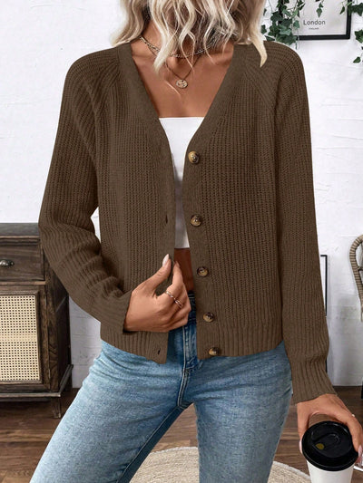 Lune chaqueta de punto de manga larga casual con cuello en v y manga raglan para mujer, con diseno minimalista y ajuste holgado para otono/invierno