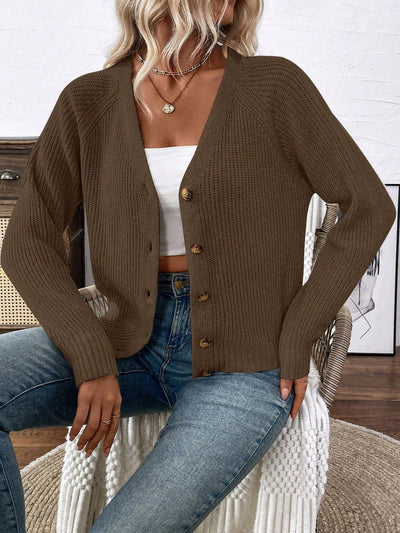 Lune chaqueta de punto de manga larga casual con cuello en v y manga raglan para mujer, con diseno minimalista y ajuste holgado para otono/invierno